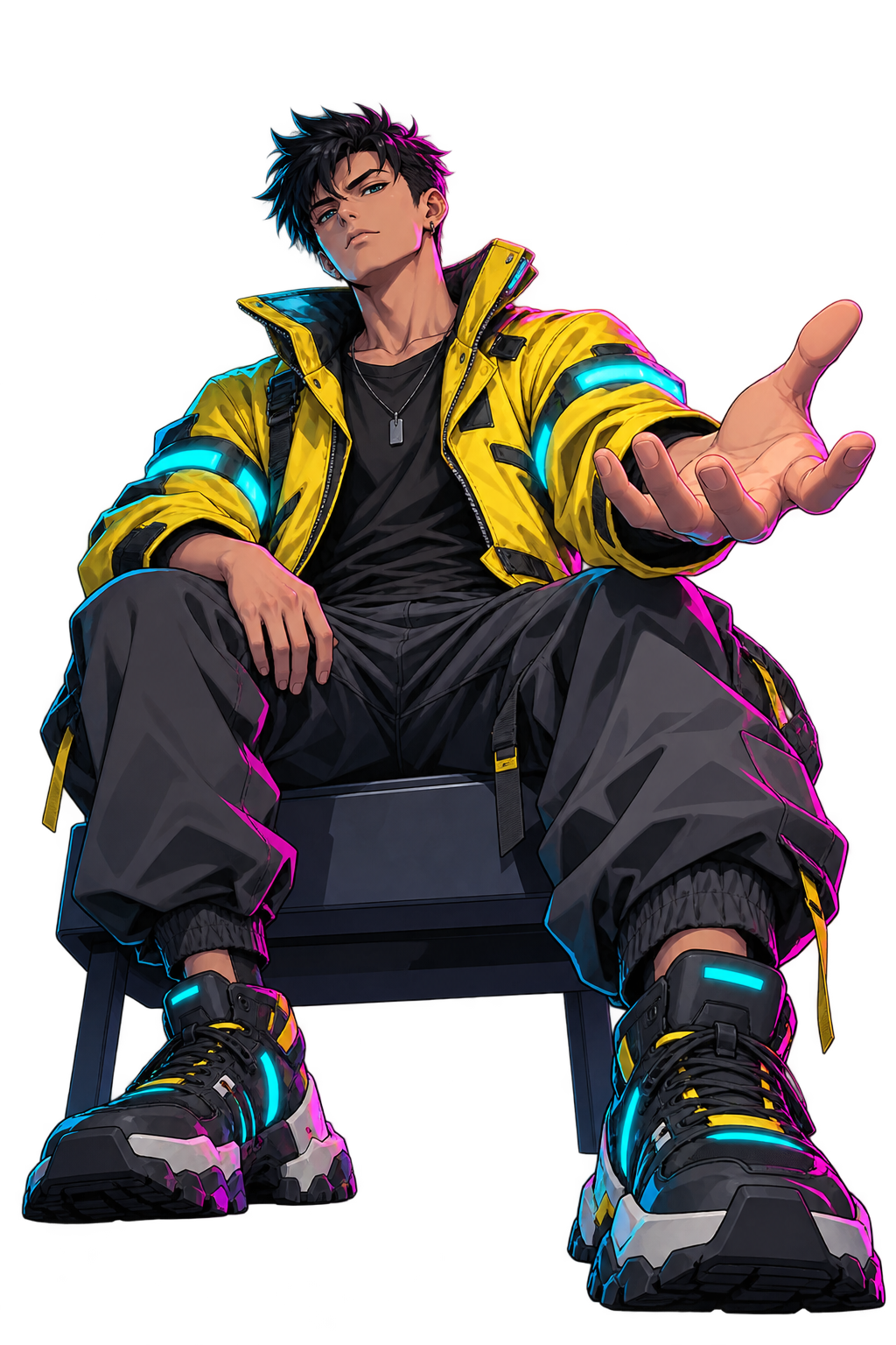 A cyberpunk runner in a yellow jacket, seated with one open hand projecting a holographic terminal.
